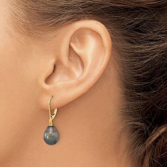 14K 8-9mm Teardrop Black Saltwater Tahitian Pearl Leverback Earrings - Picture 3 of 4